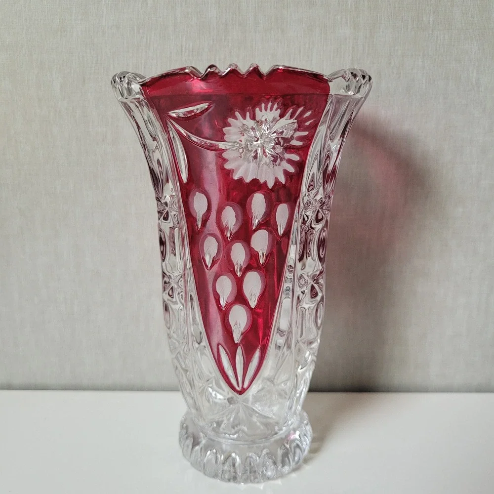 Vintage Bohemian Cut to Clear Crystal Vase Ruby Red Floral Scalloped Czech 6